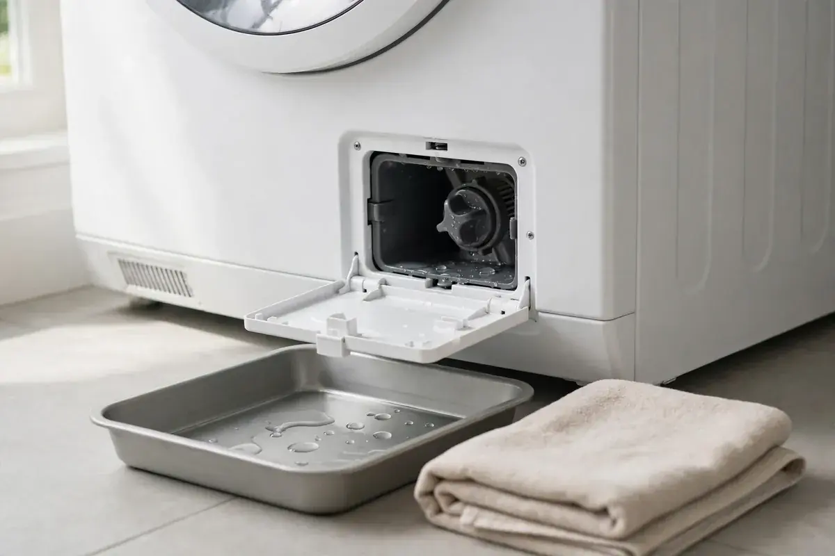 Front load washer with its small drain filter door open above a shallow pan and towel