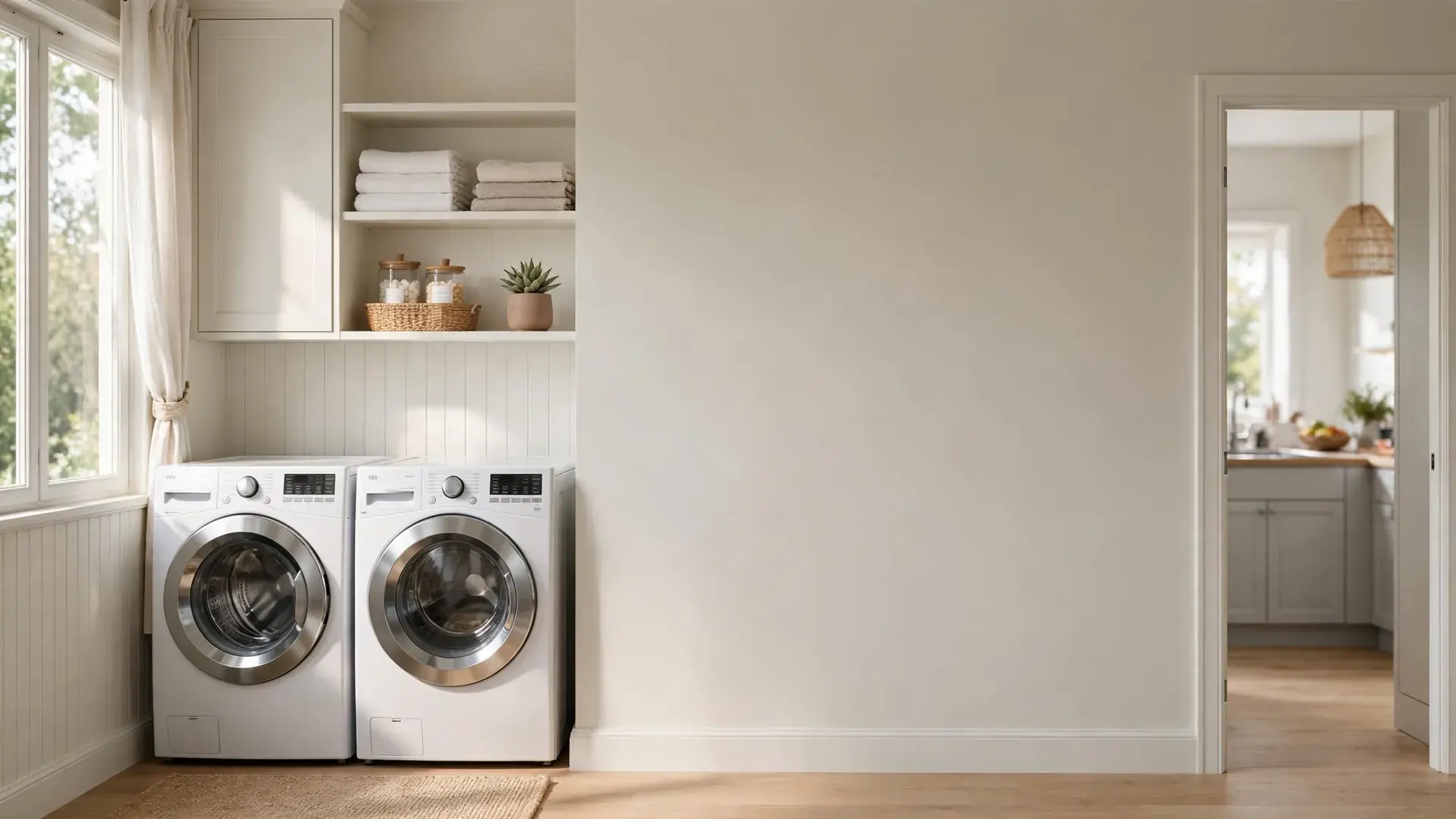 Front load washer and dryer in a bright laundry room with open floor space